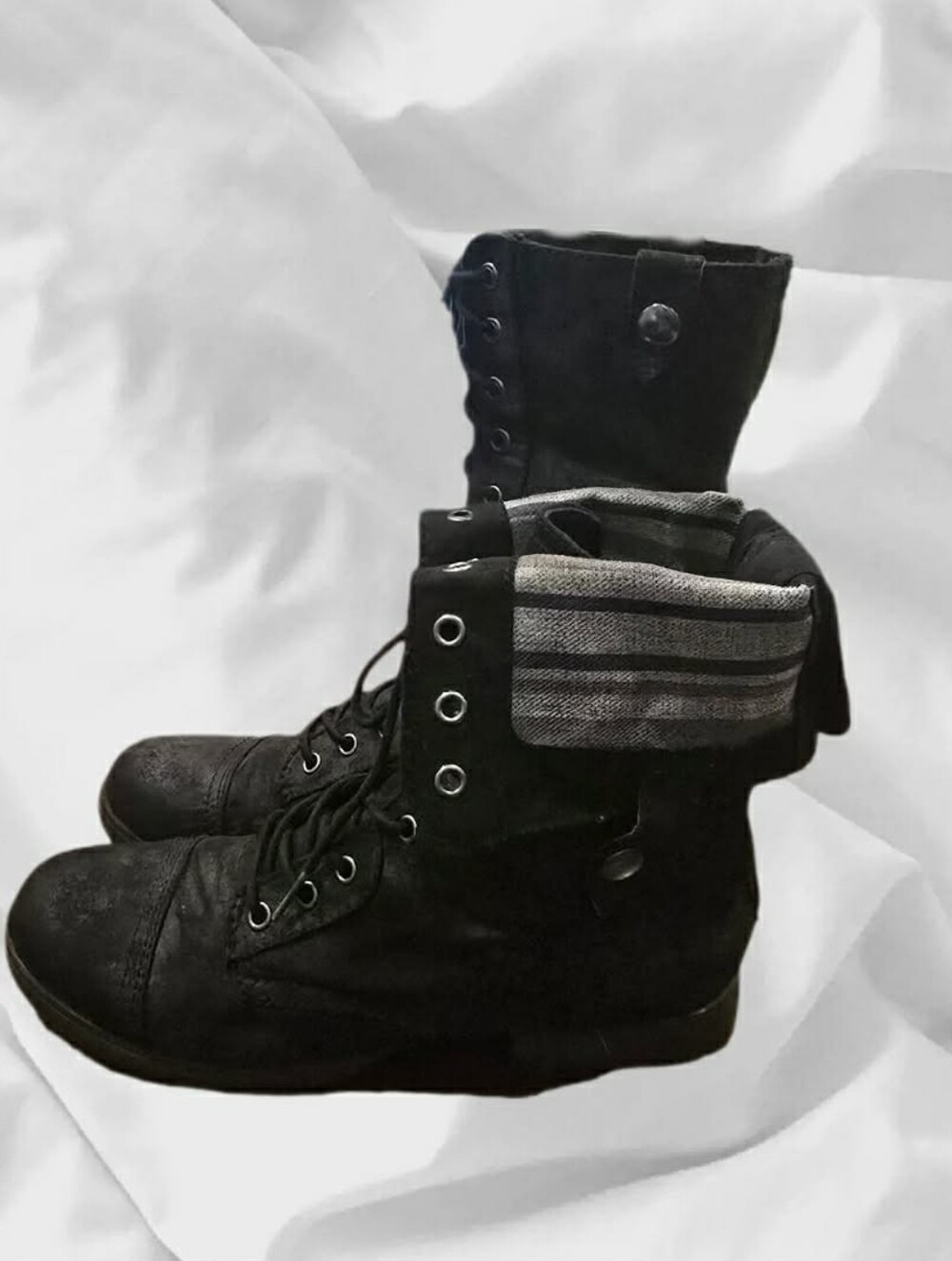 Bongo Black Fold Down Striped Cuff Lace Up Combat Boots